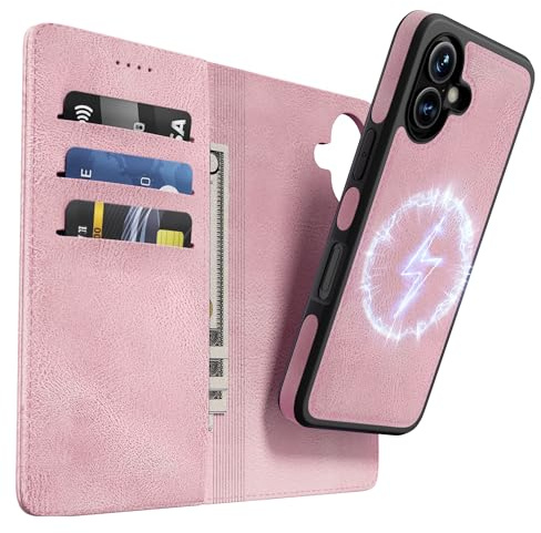 OASISBLUE iPhone 16 Hülle,[2 in 1 Magnetisch Abnehmbar] Kabelloses Laden Kompatibel Stoßfest Schutzhülle Lederhülle Klapphülle Handyhülle für iPhone 16 - rosa