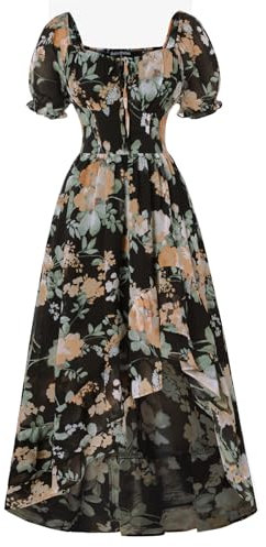 SCARLET DARKNESS Boho Dresses for Women UK Square Neck Floral Dress Smocked Party Victorian Costume Black Yellow M