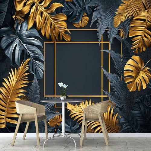 Papier Peints Panoramique Feuilles Palmier Dorées,150×105cm Poster Geant Mural Personnalisé 3D, Moderne Murales Thème Géométrie Pour Salon Chambre D'Enfant Décoration Murale