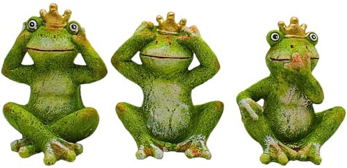 Froschkönige, Teichfrösche, Frösche Garten, Froschfiguren outdoor, Deko - Frösche, Gartenfrösche, Nichts Sehen, Nichts hören, Nichts sagen, aus Keramik in grün als 3er Set, L/B/H 8 x 9 x 11 cm.