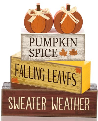 Lineshading 4 Pcs Wooden Fall Tabletop Decor Autumn Tiered Tray Decor Fall Centerpiece Rustic Decorative Block Signs Gift Farmhouse Autumn Table Decoration for Home Kitchen