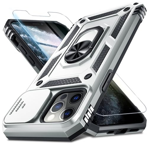 Janmitta for iPhone X Case/iPhone Xs Case Built in Slide Camera Lens Cover+Screen Protector,Heavy Duty Shockproof Full Body Phone Cover with Finger Ring Holder Kickstand,Silver