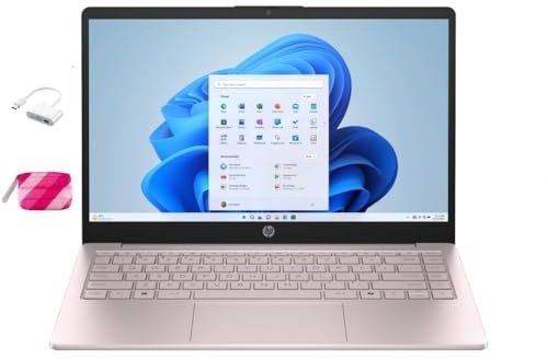 HP Ordinateur portable pour étudiant 2025, processeur Intel N150 (jusqu'à 3,6 GHz), écran LED de 14, 8 Go de RAM, 128 Go de stockage, 1 an Office 365, Windows 11 à domicile, avec ensemble YYY, rose
