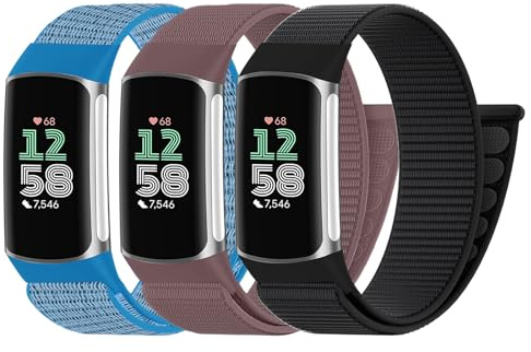 Zspoly Pack of 3 Nylon Sport Loop Wristbands Compatible with Fitbit Charge 6 Wristband/Fitbit Charge 5 Wristband Women Men Hook Adjustable Fabric Breathable Sport Loop Band, Nylon, No gemstone
