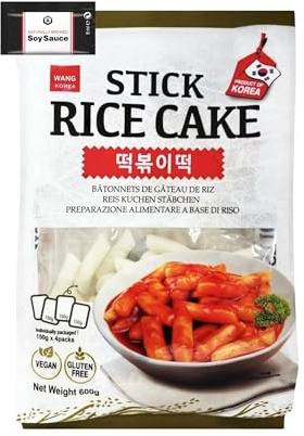 Wang Korean Stick Rice Cake, Gluten Free Tteokbokki Vegan & Soy Sauce 8ml- 600g
