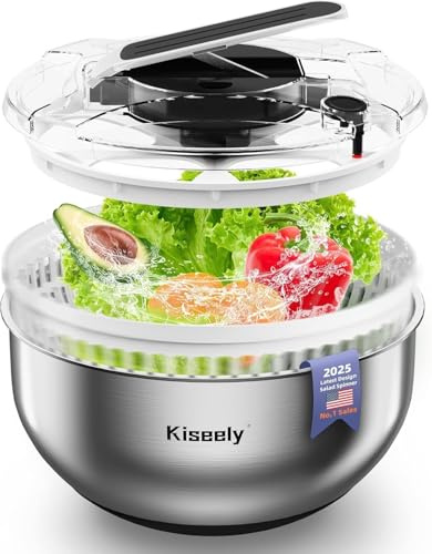 Kiseely Centrifuga per Insalata in Acciaio Inossidabile, asciugatrice per Verdure Grande Easy Press, rondella per Frutta da 4,2 QT con Ciotola in Acciaio Inossidabile 304 per lattuga, Verdure (ZU1)