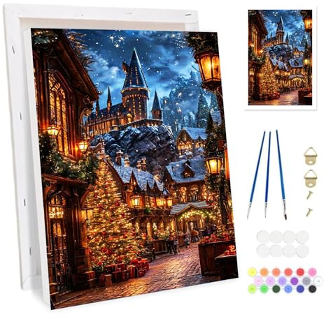 BOWETILE Weihnachtshaus Malen nach Zahlen für Erwachsene mit Rahmen, DIY Zahlenmalerei Set für Anfänger Leinwand Kit, Gemälde Bastelset auf Leinwand mit Pinseln und Acrylpigment für Home Decor 20x30cm