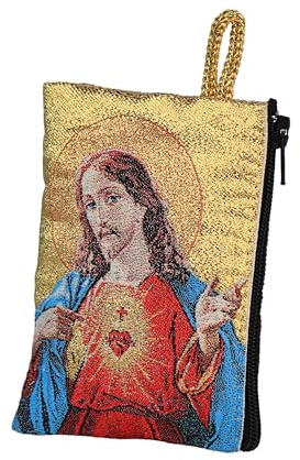 NKlaus Tasche Baumwolle Rosenkranz 7x10cm Heiligstes Herz Jesu, 1 Stück | Gewicht: 10g; Länge: 10cm; Breite: 7cm; gebetskartenetui