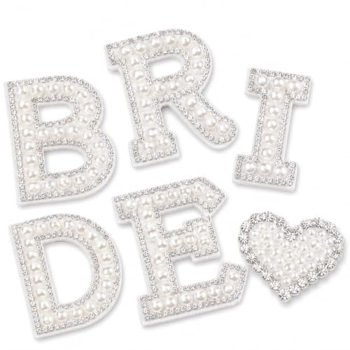 6Pcs Diamond Pearl Letter Patches, Rhinestone Iron On Fabric Applique | White stick-on bridal letter patches, for clothing, hats, shoes, bachelorette party, wedding DIY craft supplies