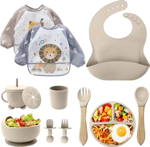 Baby Geschirrset Silikon 12-teilig – BPA-frei Kinderteller mit Saugnapf, Trinklernbecher mit Strohhalm, Silikonlätzchen, Schüssel, Holzlöffel, Babybesteck –Spülmaschinen- Mikrowellengeeignet