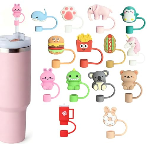 Floruvia 14 Pcs Tumbler Straw Covers, Cute Animal & Food Designs, Dust-Proof Straw Dispensers,10mm (0.4 in) Reusable Silicone Straw Toppers