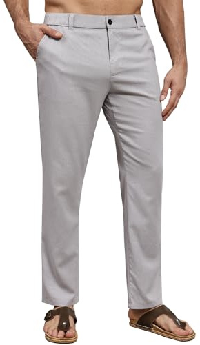 Suwangi Hombre Pantalones de Casuales Pantalones Largos Verano Ligeros Pantalon Lino Mezclar Cintura Elástica con Bolsillos