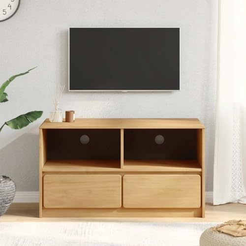 SooIarix TV-Schrank SAUDA Eiche-Optik aus massivem Kiefernholz 99x43x55 cm mit 3 Schubladen und 2 offenen Fächern, praktisches TV Lowboard und Sideboard Wohnzimmermöbel, Kabeldurchführung