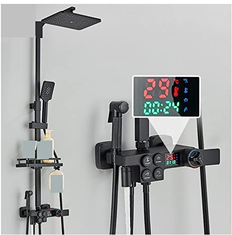 Sistema Doccia, Display digitale nero Rubinetto doccia termostatico Miscelatore a 4 vie Controllo pulsante intelligente for rubinetto bidet da bagno(Black Hot Cold)