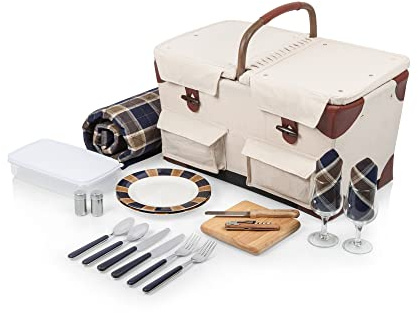 PICNIC TIME Pioneer Deluxe Picnic Basket, Romantic Vintage Wood-Framed Basket Covered in Canvas, Complete Deluxe Service for Two with Water-Resistant Bottom and Two Lids, (Beige Canvas)