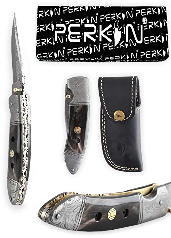 Perkin Damast Klappmesser mit Ledertasche Jagdmesser Taschenmesser