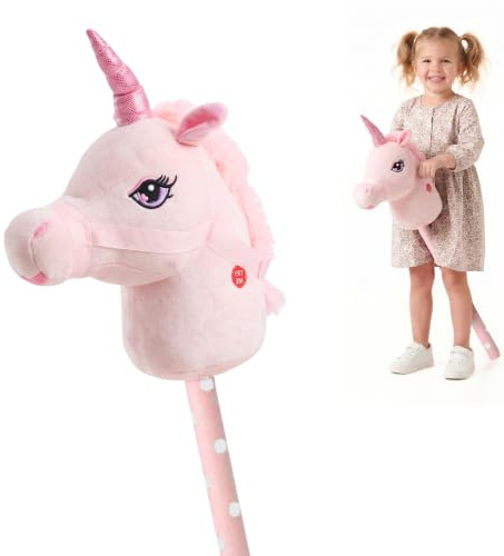 The Magic Toy Shop Pink Unicorn Hobby Horse - Plush Ride-On Stick Toy, 81cm | Interactive galloping & neighing sounds. Promotes physical activity. A great toy for girls & boys who love pretend play.