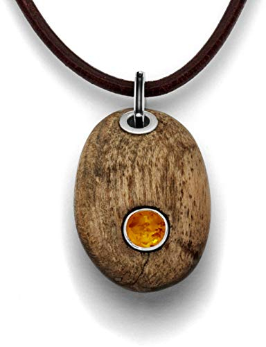 DUR Anhänger Holzkiesel oval aus echtem Treibholz, alles Unikate, mit Bernstein, Perle, Sandstrand, Kyanit oder Lavasand in 925 er silber gefasst