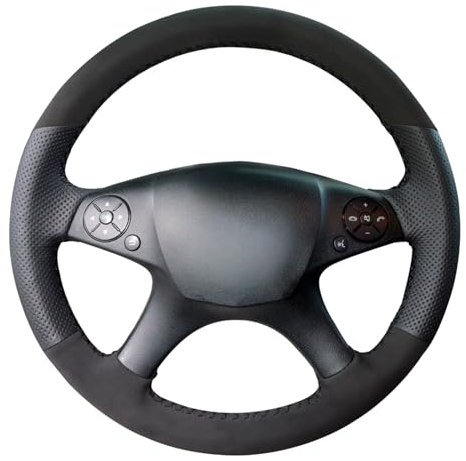 MEWANT Handgenähtes Schwarzes Wildleder mit Lenkradbezug aus echtem Leder für Mercedes-Benz W204 C-Klasse 2007-2010 C280 C230 C180 C260 C200 C300