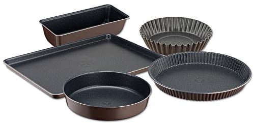 Tefal YY4220FA Perfectbake, Marron, Set 5 Moules Tarte 30 cm Manqué 24 cm Cake 28 cm Quatre Quarts 26 cm Plaque Pâtisserie 38 x 28 cm Moule à Gâteau Antiadhésif Aluminium