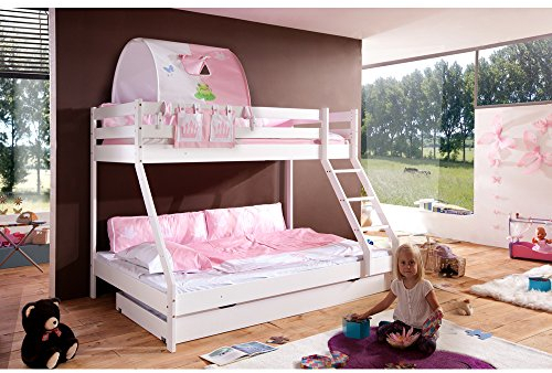 Relita Etagenbett Mike inkl. Bettschubladen und 2 TLG. Textilset Prinzessin, Buche massiv weiß lackiert