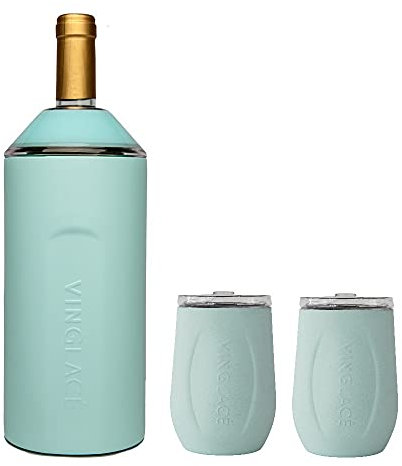 Vinglacé Wine Bottle Chiller Gift Set- Portable Stainless Steel Wine Cooler with 2 Stemless Wine Glasses, Sea Glass