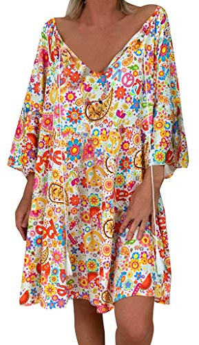 Kleid Frauen Loose Floral Print Dreiviertelärmel Sommer Minikleid