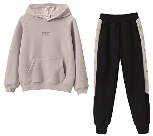 SXSHUN Kinder Mädchen 2tlg Trainingsanzug Sportanzug Jogginganzug Bekleidungsset Zweiteiler Outfit-Set Sweatshirt und Sporthose Buchstabe Streifen Motiv, Aprikose, 134-140(Label:140)