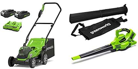 Greenworks Tondeuse à Gazon à batterie2x24V 36cm G24X2LM36K2x avec Batterie 2x2Ah et Chargeur à Double Fente & Aspirateur et souffleur de Feuilles sans Fil 2X24V Outil 2-en-1 GD24X2BV Uniquement