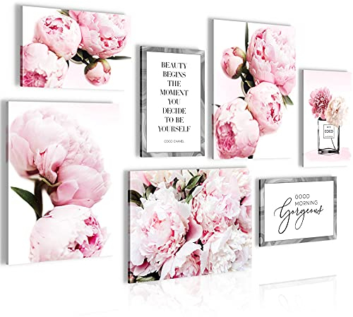 Novart Wandbilder Blumen Pfingstrosen - KOMPLETT AUFHÄNGFERTIG - Rosa Wohnzimmer Mädchen Teenager - 7 Moderne Mood-Bilder - N016471a