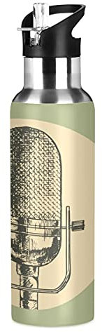 Vnurnrn Art Vintage Microphone Musique Bouteille d'eau Isotherme avec Paille en Acier Inoxydable Gourde 600ML, Sans Bpa Gourdes Eau pour Enfant Sport Randonnée École Bureau