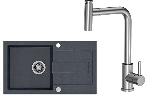 VBChome Fregadero negro con grifo, 78 x 45 cm, granito, fregadero empotrado frente visto, reversible, moderno fregadero compuesto + sifón, grifo con caño giratorio y extraíble