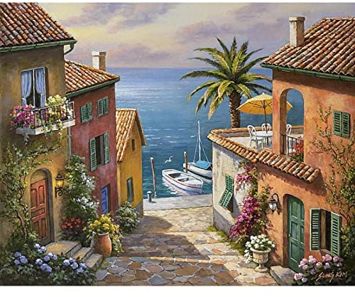 Liufengjua Leinwand Poster Bilder Mediterrane Landschaft Leinwand Ölgemälde Villen Private Dock für Wandkunst Wohnkultur 60X90CM