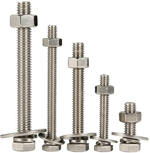 4 Sets 5/16-18 x 6 Hex Head Screws Bolts, Nuts, Extra-Large and Thick Flat & Lock Washers, Fully Threaded, Stainless Steel 18-8, Bright Finish