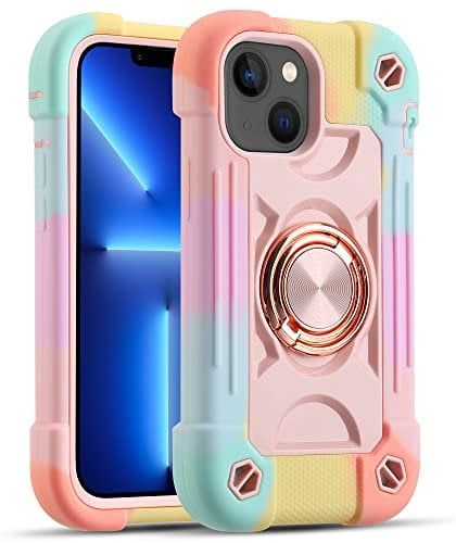 MARKILL Compatible with iPhone 13 Mini/iPhone 12 Mini Case 5.4 Inch with Built-in Ring Stand, Military Grade Drop Protection Full Body Rugged Heavy Duty Protective Cover. (Rainbow Pink)