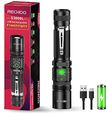 RECHOO Rechargeable Flashlights High Lumens, Double Switch S3000L LED Flashlight, Super Bright 5 Modes Zoomable Waterproof EDC Flashlights for Home, Emergncies, Camping(Battery Included)