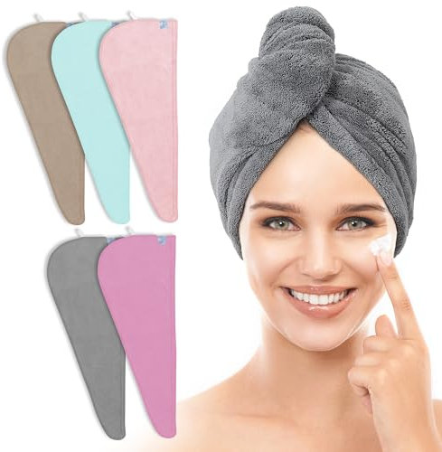 TENSTARS Lot de 5 serviettes à cheveux en microfibre épaisse pour femme – Design à boucle élastique – Velours corail 320 gm² – Turban pour cheveux à séchage rapide – 27,9 x 71,1 cm (gris + rose +