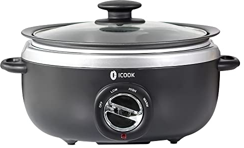 ICOOK USC-65-OP001BK 6.5 Quart Slow Cooker,Aluminium Sear/Sauté Stew Pot Stovetop safe,Dishwasher Safe,Glass Lid,Adjustable Temp,Food Warmer(Black)