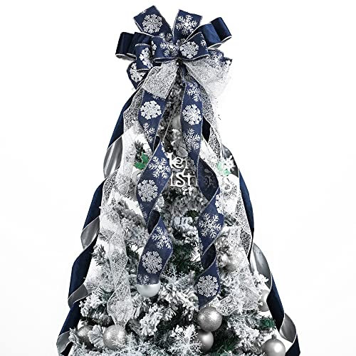 MEEDEE Navy Blue Tree Topper - 12 inch Wide Silver Glitter Yule Tree Wreath Bow - Christmas Decorations - Silver Snowflake Garland Bow - Holiday Lantern (1 Pack)
