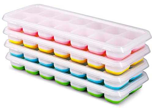 Eiswürfelform, 4er Pack Eiswürfelbehälter Silikon Mit Deckel, Quadratische Eiswürfelschalen, 14-Fach, LFGB Zertifiziert