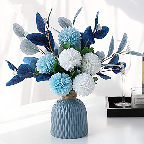 LNGODEHO Flores artificiales con florero, arreglos florales sintéticos para decoración de mesa, centros de mesa para comedor, color azul marino