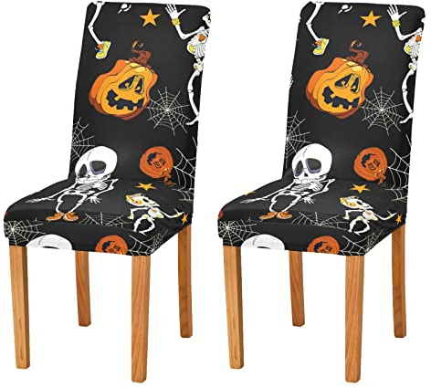 Stuhlhussen-Set mit tanzenden Halloween-Skeletten und Kürbissen, dehnbar, Esszimmerstuhl-Schonbezug, Restaurant, Hotel, abnehmbar, waschbar, Küchenstuhl-Schutzbezug