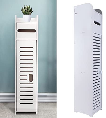 AUTOFU Bathroom Storage Cabinet Floor Standing Waterproof Bathroom Storage Displaying Unit Toilet Organiser Unit with Paper Tissue Holder Silm Narrow Tall Cupboard- H 32 x L 6.7 x D 6.3 inch