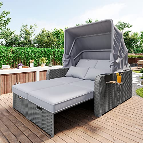 WEALTHGIRL Patio-Geflechtmöbel-Set – Outdoor-Rattan-Sofa-Set mit einziehbarem Baldachin, Beistelltisch, Ottomane, Kissen – PE-Rattan-Loveseat für Hinterhof-Veranda-Garten-Pool-Balkon