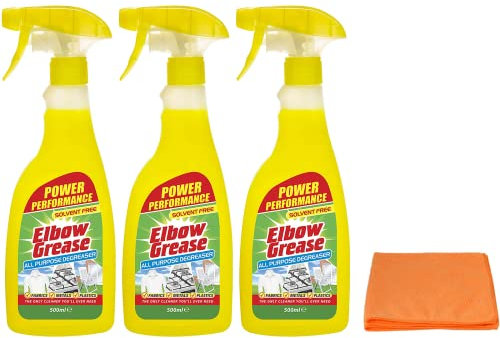3X Elbow Grease All-purpose Degreaser Spray- 3X 500 ml- Effective Cleaner Formula for Kitchen, Fabric, and Metallic Surfaces with Ultra Absorbent Microfibre Cleaning Cloth