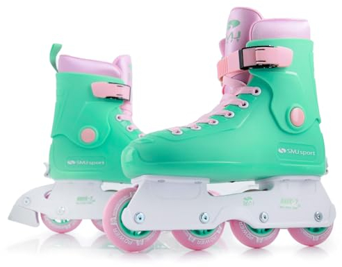 SMJ Sport Damen Mädchen Inliner Inlineskates Größenverstellbar | Retro Design | ABEC7 Kugellager | Einstellbare Skates für Kinder und Erwachsene | Mint/Rosa (M (35-38))