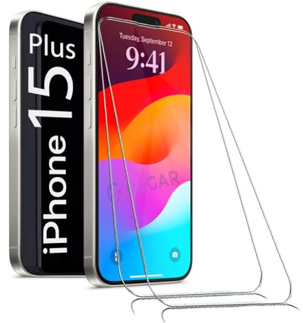 gugar 2X Panzerglas für iPhone 15 Plus Schutzfolie, Panzer Schutz Glas Panzerfolie für iPhone 15 Plus Schutzglas, Gehärtetem Glas Displayschutz für iPhone 15 Plus Folie [2 Stück]