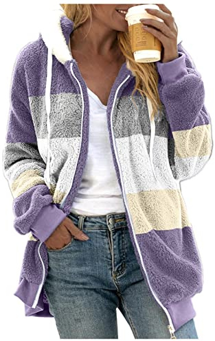 Teddy fleece jacket for women with hood hooded jacket fur coat fleece jacket with zipper casual winter warm winter jacket winter jacket winter jacket coat, Lilac, L