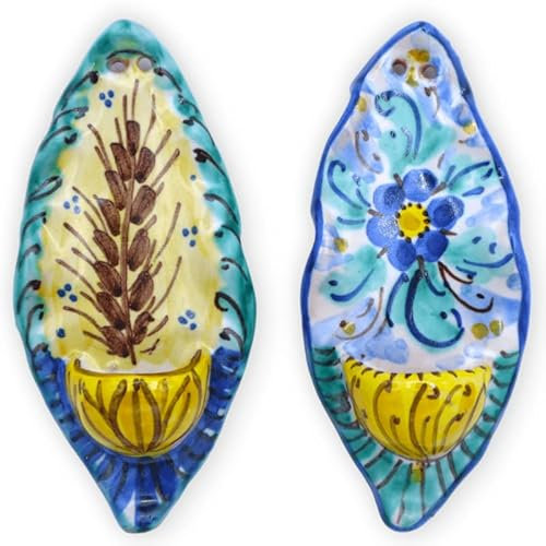 SICILIA BEDDA CAPACI Acquasantiera in Ceramica Siciliana, a Forma di Foglia, Decoro e Colore Casuale, h 10 cm x L 5 cm ca. (1pz) MOD PC