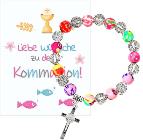 Otuuz Kommunion Geschenke für Mädchen Armband mit Kreuz Buntes Perlenarmband und Kommunionkarte Rosenkranz Erstkommunion Geschenke für Jungen Kinder Taufe